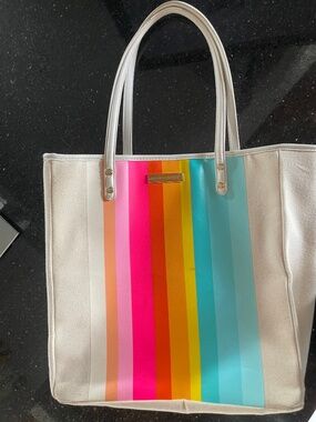 Trina Turk Snap Tote Bag rainbow striped canvas purse handbag
